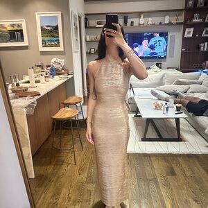 Herve Leger rose gold bandage halter dress